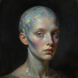 a neoclassicist close - up portrait of a an otherworldy person with surrealist headwear. iridescent reflective alien textures. foggy black background. highly detailed science fiction painting by norman rockwell, frank frazetta, syd mead and moebius. rich colors, high contrast, gloomy atmosphere, dark background. trending on artstation.