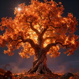 portrait art of flaming oak tree 8k ultra realistic , lens flare, atmosphere, glow, detailed,intricate, full of colour, cinematic lighting, trending on artstation, 4k, hyperrealistic, focused, extreme details,unreal engine 5, cinematic, masterpiece