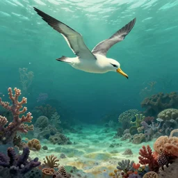 Overhead the albatross Hangs motionless upon the air, And deep beneath the rolling waves, In labyrinths of coral caves, The echo of a distant time, Comes willowing across the sand, And everything is green and submarine