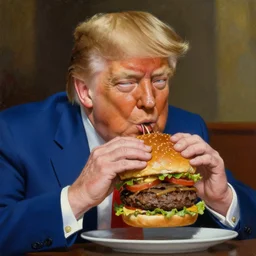 Fernando botero painting of Donald trump eating a giant burger