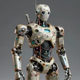 humanoid robot made of old broken parts and wires, hyper realistic, high quality, high resolution