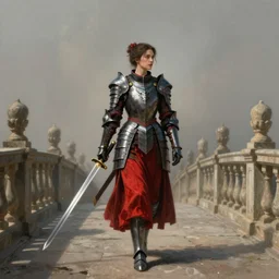 woman in dark and red princess dragon armor, she is holding a katana sword, walking on an ancient neoclassical bridge. by henriette ronner - knip, by william henry hunt, concept art