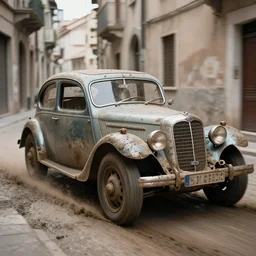 street photography by saul leiter, in a narrow italian alley, award winning photo of an ultra detailed intricate dirty vintage ford car speeding very fast in mud, fast shutter speed, motion blur, tiny gaussian blur, highly detailed, highly intricate, depth of field, trending on top gear