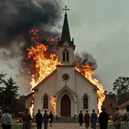 7 0 s film still from a horror movie about burning churches, kodachrome, cinecolor, cinestill, film grain, film texture, retro, cinematic, high resolution, photorealism,