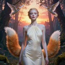 portrait, elgeant woman with fox tails, ivory pale skin, halter neck, lost, in a magical forest, sunset, angels flying in the background, vibrant, hyperrealism, hyperrealism, fantasy, crepuscular rays, by krenz cushart and charlie bowater, wlop, artgerm