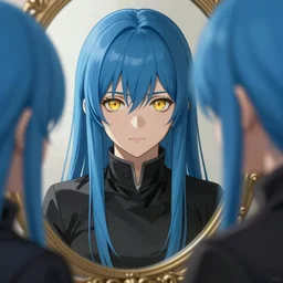 rimuru tempest looking in a mirror, sky blue straight hair, bangs, with amber eyes, gold eyes, wearing a black jacket, high collar, ultra detailed, concept art, award winning photography, digital painting, pretty, cinematic, wlop artstation, closeup, pixiv, yoshitaka amano, andy warhol, ilya kuvshinov,