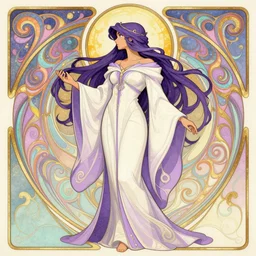 side profile cenetered portrait, maya ali wizard, character design by artgerm, cushart krenz, greg rutkowski and alphonse mucha. gloomhaven, art nouveau, swirly vibrant color lines ripples, pastel colors, ( ( ( a billowy intricate white and purple robe ) ) ) sharp edges. ultra clear detailed. 8 k. ultra detailed, elegant, intricate, octane render