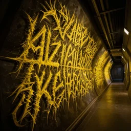 intricate, highly detailed, sharp, yellow, mysterious jagged extraterrestrial writing, on the wall of a long, triangular, spaceship corridor, cinematic, dramatic lights scene