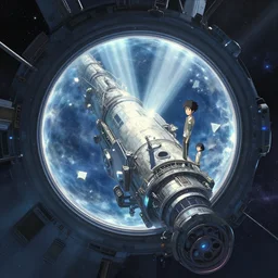 space elevator, habitat window by dan mumford, yusuke murata, makoto shinkai, ross tran, cosmic, heavenly, god rays, intricate detail, cinematic, cel shaded, unreal engine, featured on artstation, pixiv