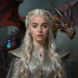 a butterfly lighting portrait painting of daenerys targaryen in fantastic dress next to a dragon, medium shot, clear face, detailed face, symmetrical face, face enhancement, rim light, by jaime jones, tom bagshaw, lawrence alma - tadema, greg rutkowski, deviantart contest winner, fantasy art, intricate, elegant, highly detailed, 8 k, digital painting, concept art, sharp focus, illustration, golden ratio, mythological, ultra realistic, maximalist