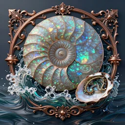 art nouveau cresting oil slick waves, hyperdetailed bubbles in a shiny iridescent oil slick wave, ammolite, detailed giant opalized ammonite shell, black opal, abalone, paua shell, ornate copper patina medieval ornament, rococo, organic rippling spirals, octane render, 8 k 3 d