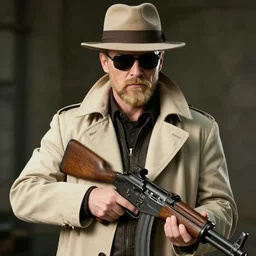 blonde Viktor Reznov from Call of Duty: World at War with a beige coat as The American Psycho, a blonde goatee, short hair, beige fedora, and sunglasses, holding a wooden AWP, photorealistic, dramatic lighting, establishing shot