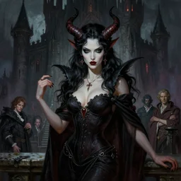 illustration portrait of a fantasy seductive female demonic race, dark moody eerie castle setting, art by frank frazetta, tim hildebrandt, gerald brom, greg rutkowski