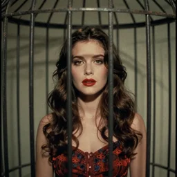7 0 s film still from a horror movie featuring a beautiful woman in a cage, kodachrome, cinecolor, cinestill, film grain, film texture, retro, cinematic, high resolution, photorealism,