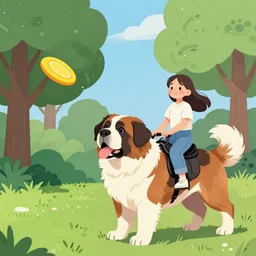 girl riding a giant saint Bernard at the park catching a frisbee, trending on artstation