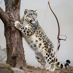 anthropomorphic snow leopard leaning against a tree with a bow