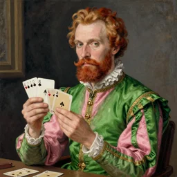 intricate beautiful medium - shot, the card player man with short trimmed reddish beard ( ( (!!! no!!! mustache ) ) ), blonde reddish hair, in green and pink clothes of 1 7 th century, holds playing cards, in card's player by sezanne, matte painting, renaissance painting, by paul sezanne by leyendecker, by artgerm, rutkowskyi