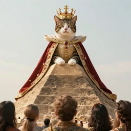 regal queen cat with crown sitting atop pyramid overlooking her human subjects, photo realistic, grandiose, highly detailed