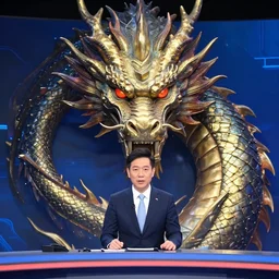 highly detailed cyberpunk picture of great dragon in a suit as a news anchor talking head. perfectly symmetrical face, highly detailed, masterpiece.