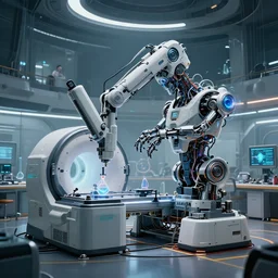( cyberpunk 2 0 7 7, bladerunner 2 0 4 9 ), a complex thick bifurcated robotic cnc surgical arm cybernetic symbiosis hybrid mri 3 d printer machine making a bio chemical lab, by wlop, mars ravelo and greg rutkowski, biomechanical, lens orbs, global illumination, lounge, architectural, f 3 2,