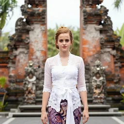 emma watson wearing kebaya bali in bali iconic place in bali. front view. instagram holiday photo shoot, 5 0 mm, faces