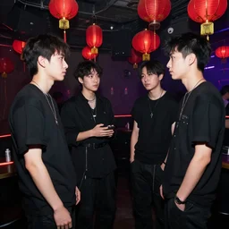 a tiny nightclub with a few red chinese lanterns, a couple of modern subculture teenagers standing and talking to each other, wearing black modern clothes, designed by rick owens, hyperrealistic, extremely lifelike attributes & lifelike texture, hyperdetailed, colorful, by gregory crewdson