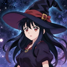 portrait of a young witch, witch hat, flowing hair, kyoto animation, yoshitoshi abe, loish, murata range, synthwave, cosmic, kawaii, big anime eyes,studio lighting, manga, anime, 1980s, yoshitaka amano, vibrant, beautiful,28mm lens, gradation, jean giraud,  ((fantasy background))