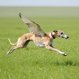 “ a greyhound with wings flying above grassy plains, he is a long boi ”