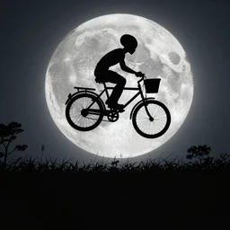 a silhouette of an alien making a big jump with bike with a basket in front of it, flying, a silhouette of trees and big grass, big shiny moon on the background at night