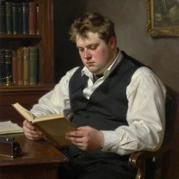 painting of a bulky young man wearing a dress shirt and vest, with light brown hair, reading in his extravagant study, by Jeremy Mann, stylized, detailed, realistic, deep tones, classical, loose brush strokes