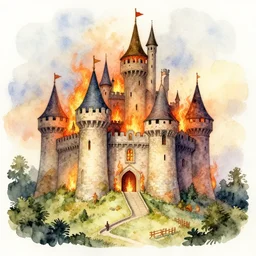 a burning castle, detailed watercolor, storybook illustration