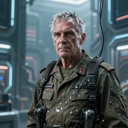 Armitage from the novel Neuromancer, washed up, old ex military, old man, portrait shot, wires, cyberpunk, dramatic light, cyberpunk city in the background, movie illustration, poster art by Drew Struzan