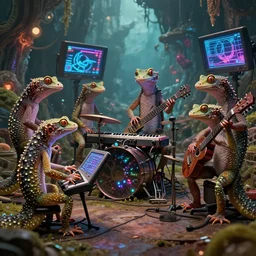 anthropomorphic band of geckos playing strange surrealist detailed electronic musical - instruments!! with blinking leds and oscilloscopes on screens in alien worlds, candid photography, highly detailed, uhd, unreal engine 5, character concepts, 8 k, photorealistic, award winning render, octane render