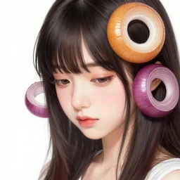 the face of a ridiculously beautiful and cute japanese girl partially made of onion rings of all colors looking down, an ultrafine detailed illustration by james jean, final fantasy, intricate linework, bright colors, vanitas, angular, altermodern, unreal engine 5 highly rendered, global illumination, radiant light, detailed and intricate environment