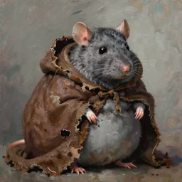 a obese gray sniveling rat person wearing a decaying brown cloak, color painting by michal karcz