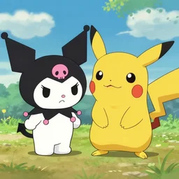 the combination of kuromi and pikachu, ghibli style