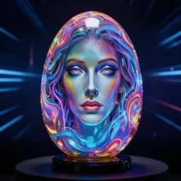 portrait of a electrical energy tron murano faberge candy glass egg designed by david chihuly and hr giger. made up of glowing swirling electric pixels. tron world background. photo still by annie liebowitz