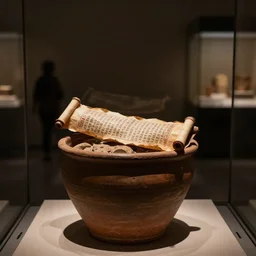 a photo of a museum display showing a cylindrical clay jar, holding a dead sea scroll with nabeatean writing, dark, brooding, atmospheric, volume lighting