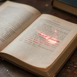 old book open on a desk, it is written in red ink and the ink glows 4K photo