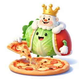 cabbage character with pizza peel, royal walruss king wearing a crown, cooking pizza in a wood fired oven, highly detailed 3 d render, funny, surrealism, pixar