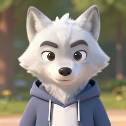 portrait of cute male anthropomorphic white wolf wearing a hoodie, in the style of zootopia