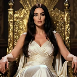 Monica Bellucci as a Goddess sitting on a throne, up close, Highly detailed, concept art