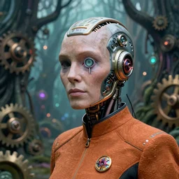 35mm portrait of a 7 of 9 borg with eye implant, on the background of a weird magical mechanical forest. Round gears visible inside her hear. Very detailed 8k. Fantasy cyberpunk horror.