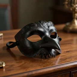 an image of a masquerade mask shaped like a raven sitting on a wooden desk, highly detailed, cinematic lighting, realistic, 8 k, rendered in unreal