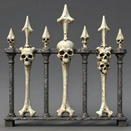 3 d sculpt of cemetary ironwork fence made of bones and skulls on a grey background, league of legends