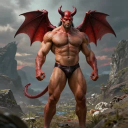 male bodybuilder Satan wears a swimming trunks ,devil,satan, hell, landscape, environment, artstation
