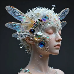 3 d goddess medium shot profile portrait. beautiful intricate highly detailed mask made entirely of bubbles and dragonfly wings. optical mineralogy, chitin, oil on water, reflections, refractions, creature, artwork by android jones, tooth wu and wlop and beeple and moebius, rendered by frostbite 3