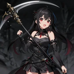a playful anime girl teasing you with her scythe, trending on pixiv, dark and eerie, highly detailed, sharp