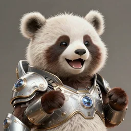 anthropomorphic happy cyber panda wearing scifi armor, diffuse lighting, fantasy, laughter, excitement, intricate, elegant, highly detailed, lifelike, photorealistic, digital painting, artstation, illustration, concept art, smooth, sharp focus, art by john collier and albert aublet and krenz cushart and artem demura and alphonse mucha
