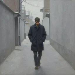 concept art mood painting environment painting man walking down grey dull concreate alley winter arms in pockets. style of ryan church jon mccoy george hull painting